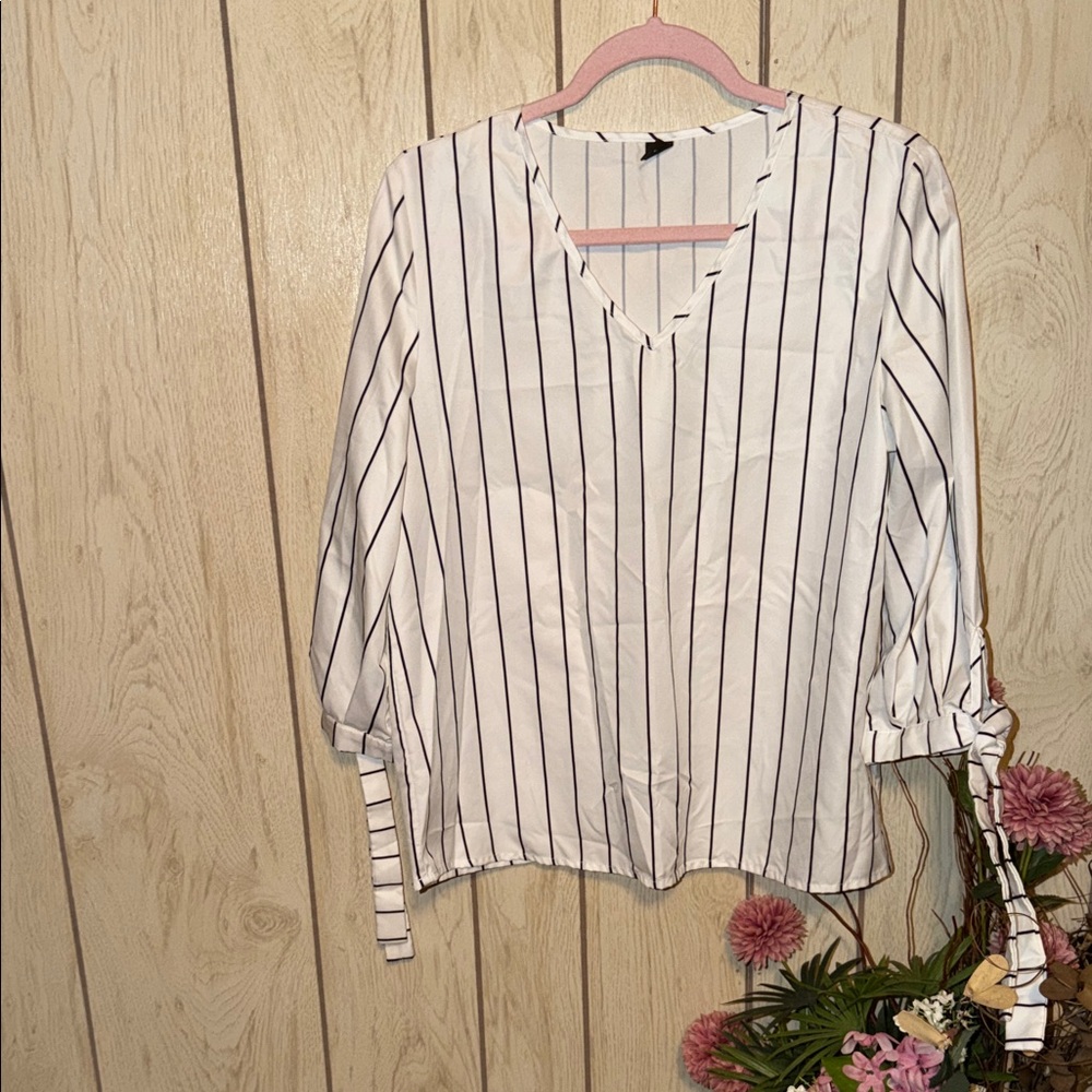 SHEIN White Blouse with Black Vertical Stripes
